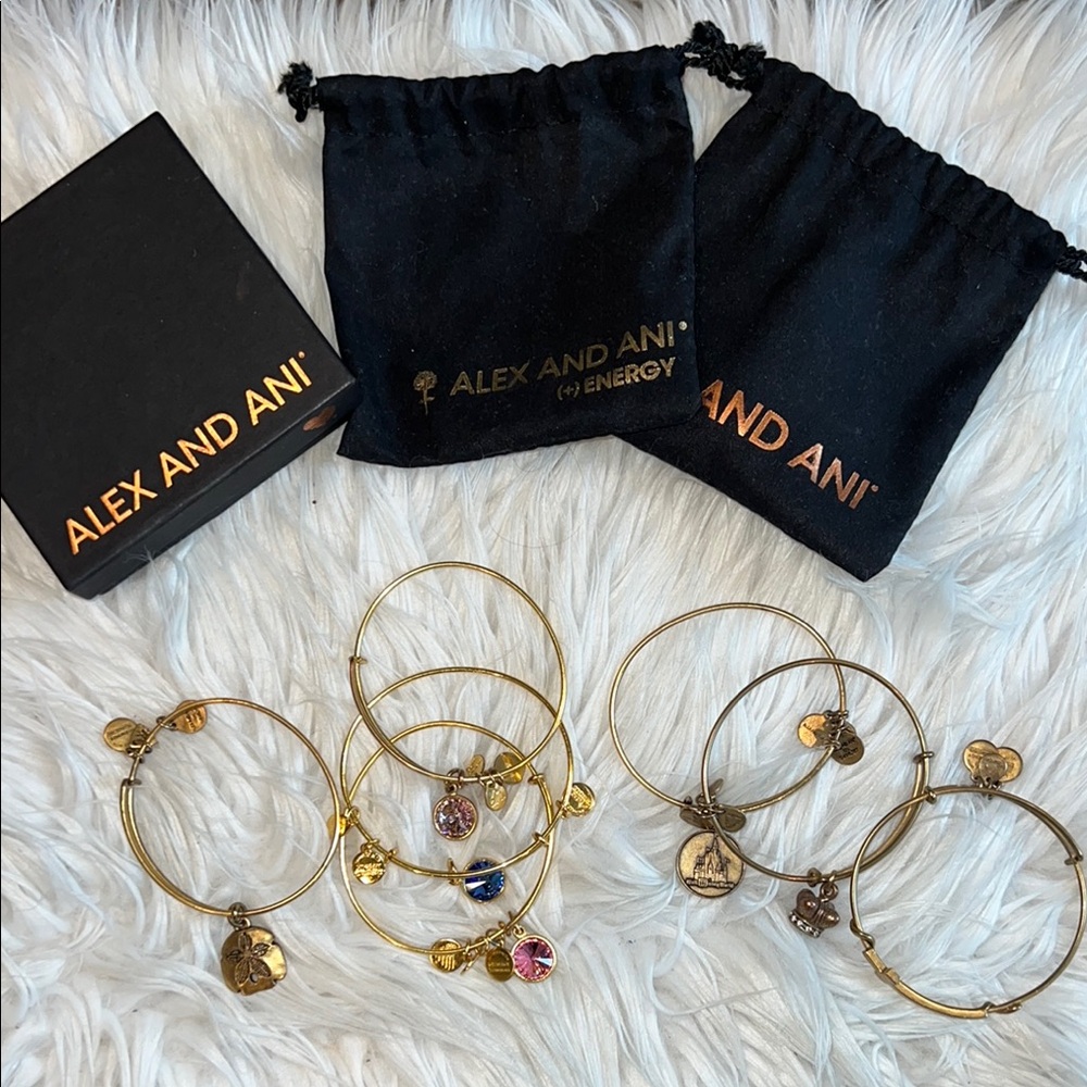 Alex and Ani Gold Charm Bracelet Lot- Disney, Beach, Birthstone, Cross